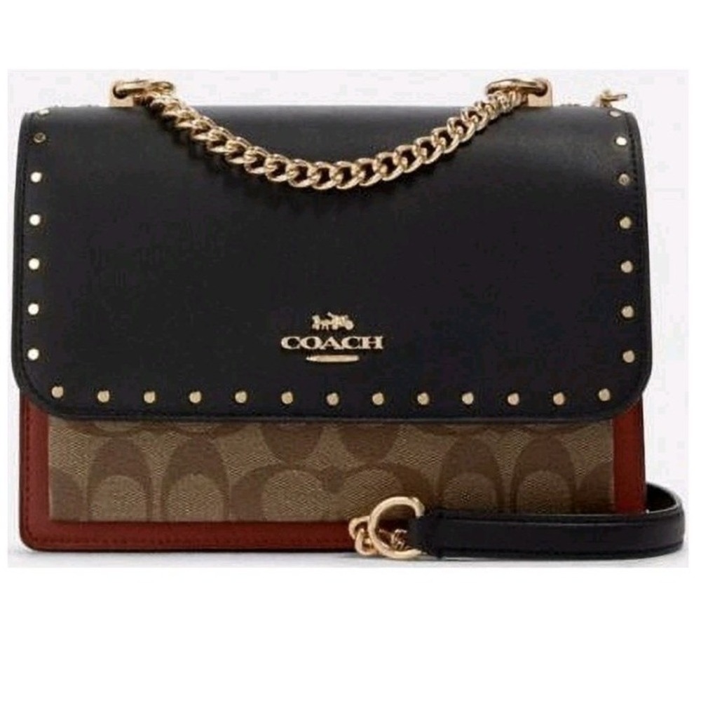 COACH Signature Klare Leather Crossbody Bag Purse Black Red Logo Chain Gold Moto